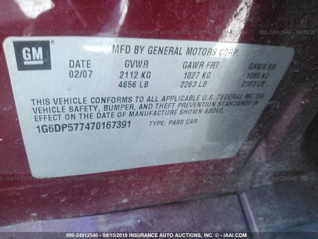 1G6DP577470167391 - 2007 CADILLAC CTS HI FEATURE V6 RED photo 9