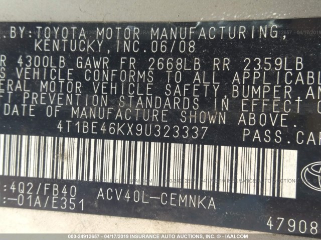 4T1BE46KX9U323337 - 2009 TOYOTA CAMRY SE/LE/XLE BEIGE photo 9