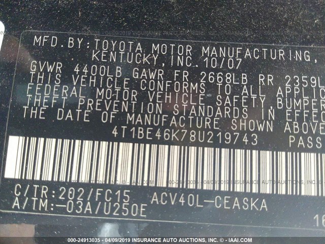 4T1BE46K78U219743 - 2008 TOYOTA CAMRY CE/LE/XLE/SE 黑色 照片 9