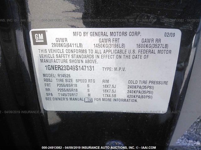 1GNER23D49S147131 - 2009 CHEVROLET TRAVERSE LT BLACK photo 9