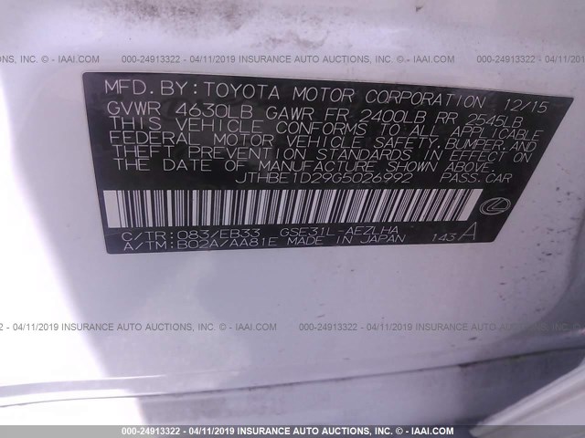 JTHBE1D29G5026992 - 2016 LEXUS IS 350 WHITE photo 9