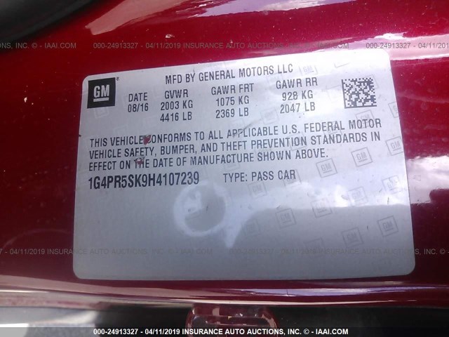 1G4PR5SK9H4107239 - 2017 BUICK VERANO SPORT TOURING RED photo 9