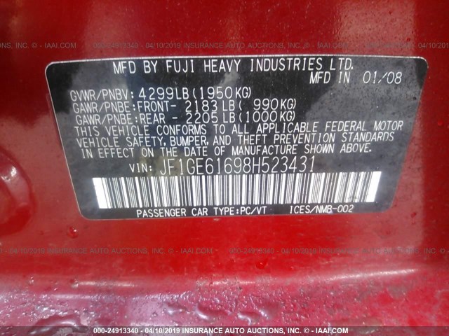 JF1GE61698H523431 - 2008 SUBARU IMPREZA 2.5I RED photo 9