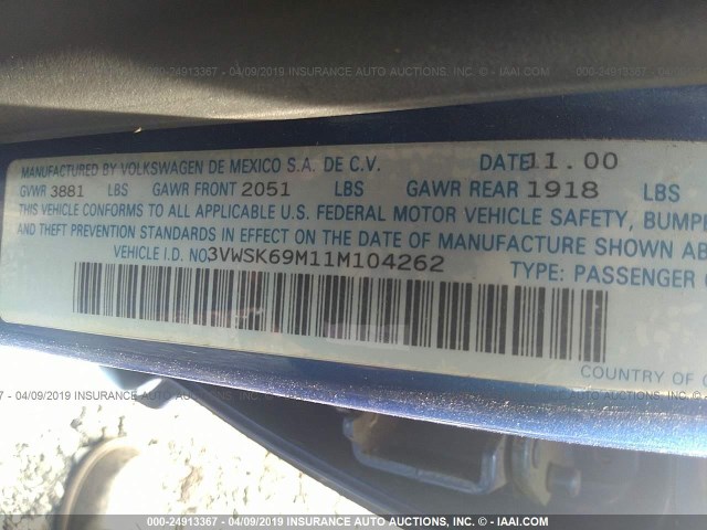 3VWSK69M11M104262 - 2001 VOLKSWAGEN JETTA GLS BLUE photo 9