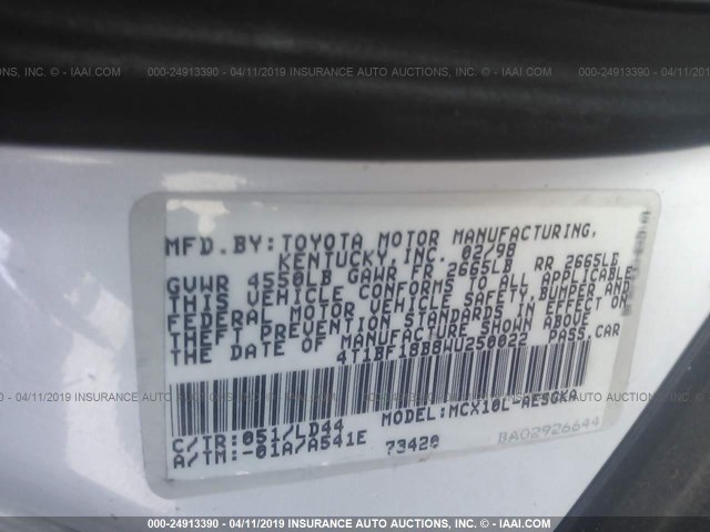 4T1BF18B8WU250022 - 1998 TOYOTA AVALON XL/XLS WHITE photo 9