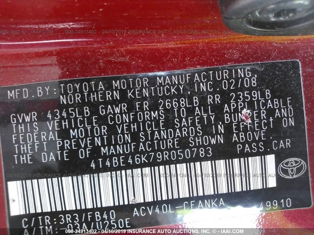 4T4BE46K79R050783 - 2009 TOYOTA CAMRY SE/LE/XLE RED photo 9