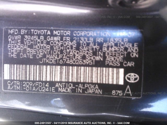 JTKDE167480263951 - 2008 TOYOTA SCION TC BLACK photo 9
