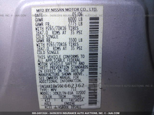 5N1AR18W56C662362 - 2006 NISSAN PATHFINDER LE/SE/XE SILVER photo 9