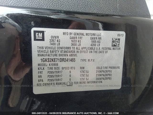 1GKS2KE71DR341465 - 2013 GMC YUKON XL K1500 SLT BLACK photo 9