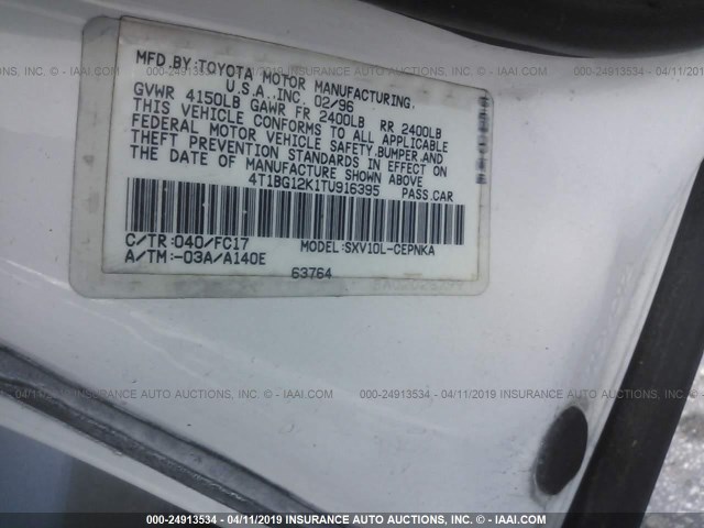 4T1BG12K1TU916395 - 1996 TOYOTA CAMRY DX/LE/XLE WHITE photo 9