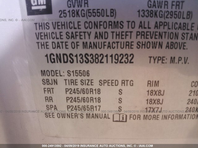 1GNDS13S382119232 - 2008 CHEVROLET TRAILBLAZER LS/LT SILVER photo 9