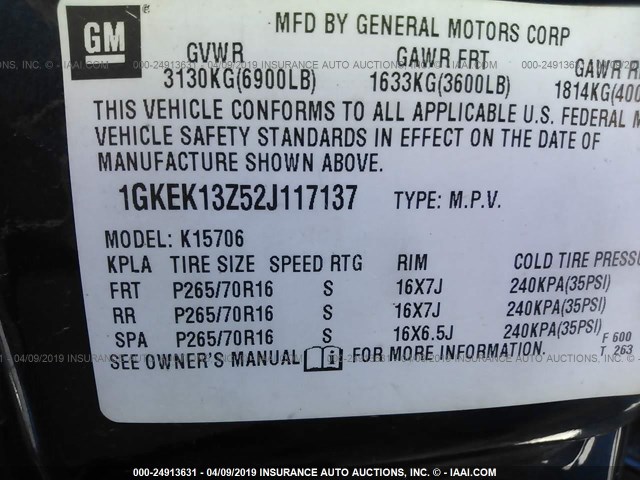 1GKEK13Z52J117137 - 2002 GMC YUKON BLUE photo 9