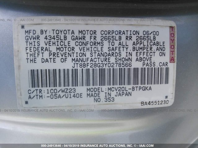 JT8BF28G3Y0278566 - 2000 LEXUS ES 300 SILVER photo 9