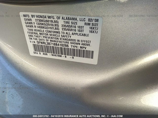 5FNRL38718B410286 - 2008 HONDA ODYSSEY EXL SILVER photo 9