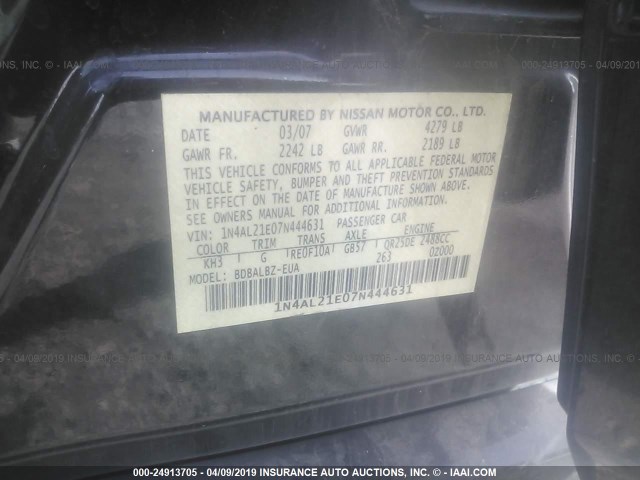 1N4AL21E07N444631 - 2007 NISSAN ALTIMA 2.5/2.5S BLACK photo 9