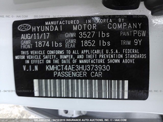 KMHCT4AE3HU373930 - 2017 HYUNDAI ACCENT SE WHITE photo 9