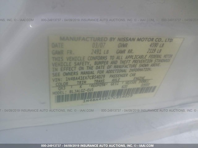 1N4BA41EX7C854029 - 2007 NISSAN MAXIMA SE/SL WHITE photo 9