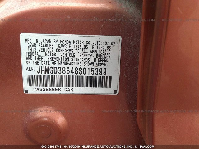 JHMGD38648S015399 - 2008 HONDA FIT SPORT ORANGE photo 9