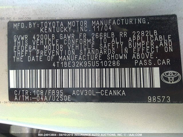 4T1BE32K95U510286 - 2005 TOYOTA CAMRY LE/XLE/SE SILVER photo 9