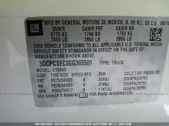 3GCPCSEC0GG365501 - 2016 CHEVROLET SILVERADO C1500 LTZ WHITE photo 9