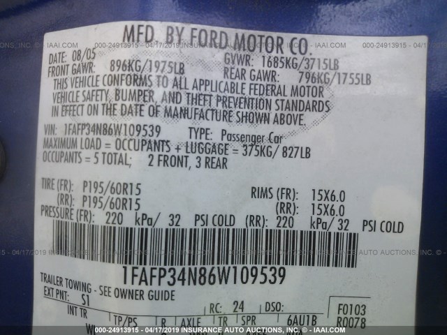 1FAFP34N86W109539 - 2006 FORD FOCUS ZX4 BLUE photo 9