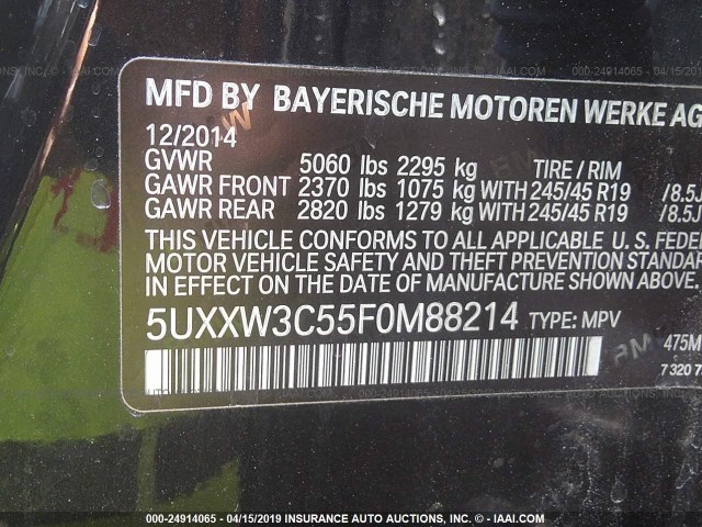 5UXXW3C55F0M88214 - 2015 BMW X4 XDRIVE28I BLACK photo 9