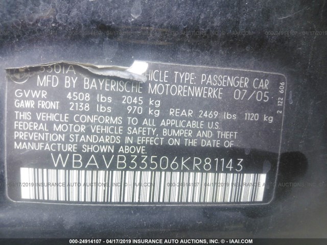 WBAVB33506KR81143 - 2006 BMW 330 I BLACK photo 9