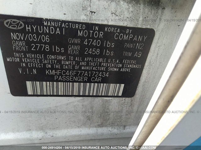 KMHFC46F77A172434 - 2007 HYUNDAI AZERA SE/LIMITED WHITE photo 9