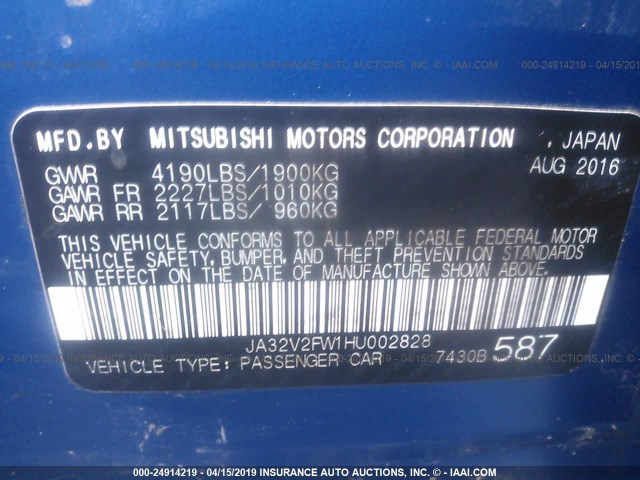 JA32V2FW1HU002828 - 2017 MITSUBISHI LANCER ES/SE/SEL BLUE photo 9