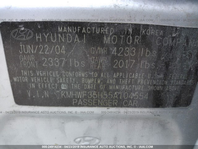 KMHWF35H55A104554 - 2005 HYUNDAI SONATA GLS/LX SILVER photo 9