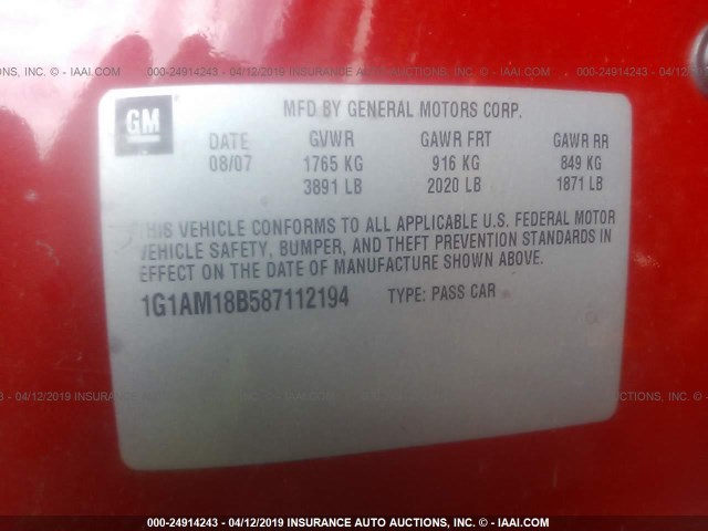 1G1AM18B587112194 - 2008 CHEVROLET COBALT SPORT RED photo 9