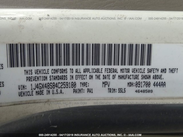 1J4GX48S84C259180 - 2004 JEEP GRAND CHEROKEE LAREDO/COLUMBIA/FREEDOM 白色 照片 9