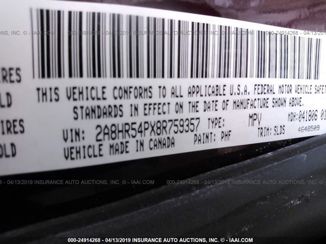 2A8HR54PX8R759357 - 2008 CHRYSLER TOWN & COUNTRY TOURING MAROON photo 9