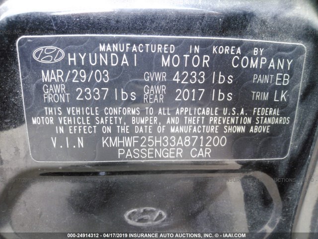 KMHWF25H33A871200 - 2003 HYUNDAI SONATA GL BLACK photo 9