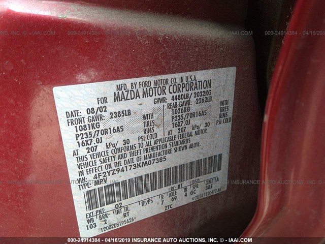 4F2YZ94173KM07385 - 2003 MAZDA TRIBUTE LX RED photo 9