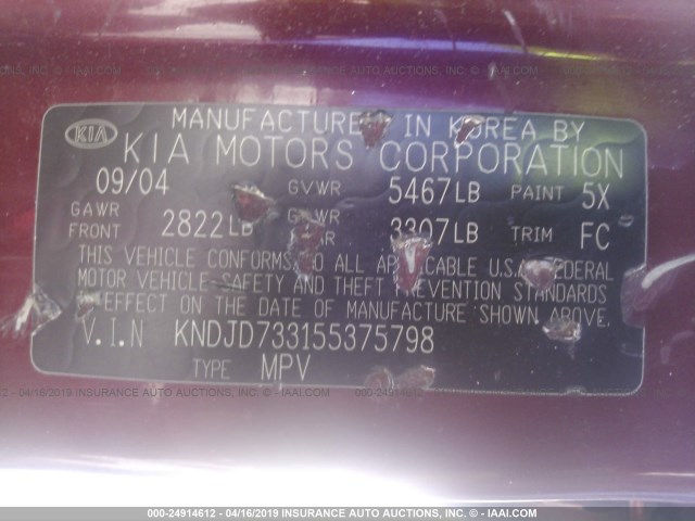 KNDJD733155375798 - 2005 KIA SORENTO EX/LX RED photo 9