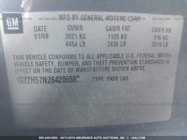 1G2ZH57N284206587 - 2008 PONTIAC G6 GT GRAY photo 9