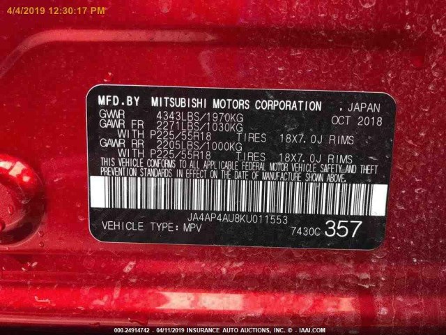 JA4AP4AU8KU011553 - 2019 MITSUBISHI OUTLANDER SPORT GT/SE RED photo 12