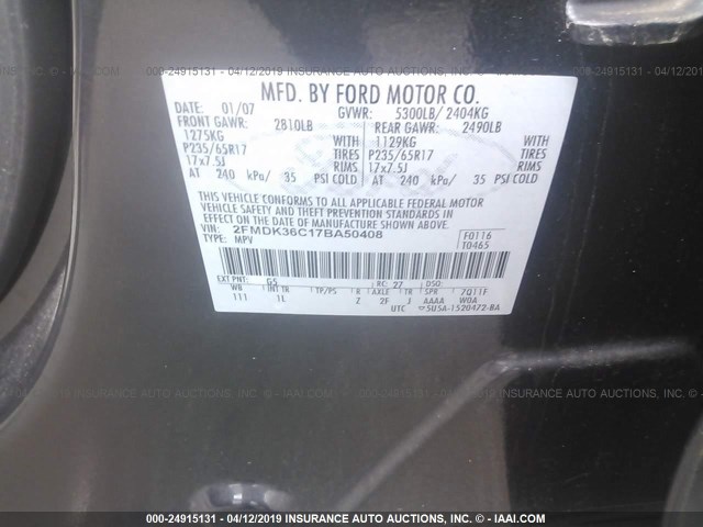 2FMDK36C17BA50408 - 2007 FORD EDGE SE BLACK photo 9