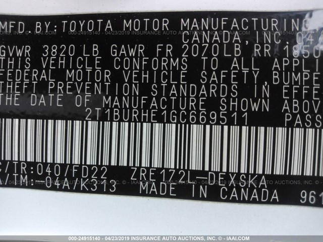 2T1BURHE1GC669511 - 2016 TOYOTA COROLLA L/LE/LE PLS/PRM/S/S PLS WHITE photo 9