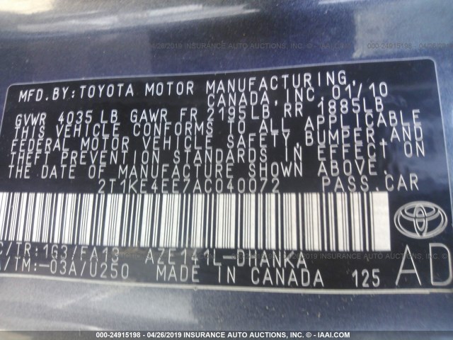 2T1KE4EE7AC040072 - 2010 TOYOTA COROLLA MATRIX S GRAY photo 9