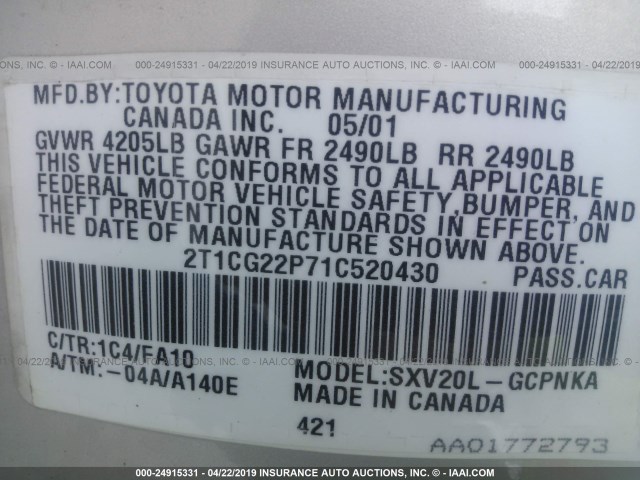 2T1CG22P71C520430 - 2001 TOYOTA CAMRY SOLARA SE GRAY photo 9