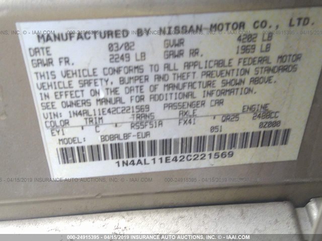 1N4AL11E42C221569 - 2002 NISSAN ALTIMA S/SL TEAL photo 9