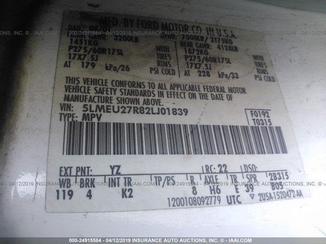 5LMEU27R82LJ01839 - 2002 LINCOLN NAVIGATOR 白色 照片 9