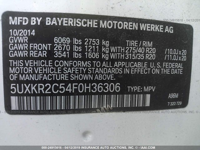 5UXKR2C54F0H36306 - 2015 BMW X5 SDRIVE35I WHITE photo 9