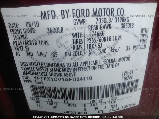 1FTFX1CV1AFD24110 - 2010 FORD F150 SUPER CAB RED photo 9