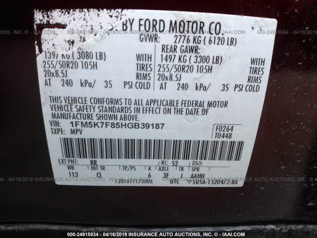 1FM5K7F85HGB39187 - 2017 FORD EXPLORER LIMITED RED photo 9