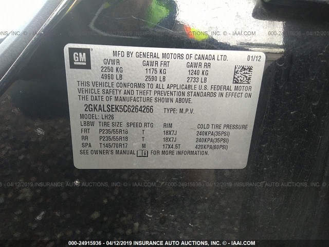 2GKALSEK5C6264266 - 2012 GMC TERRAIN SLE BLACK photo 9