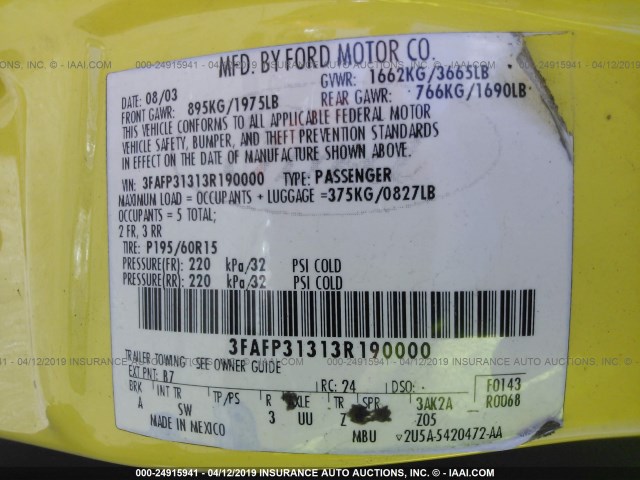 3FAFP31313R190000 - 2003 FORD FOCUS ZX3 YELLOW photo 9