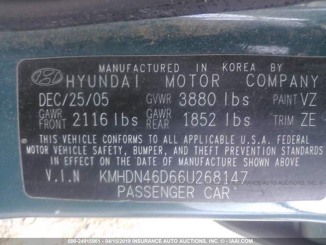 KMHDN46D66U268147 - 2006 HYUNDAI ELANTRA GLS/GT/LIMITED GREEN photo 9